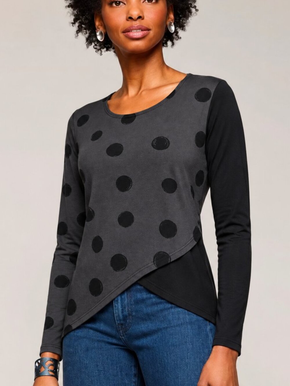 Lisa Bayne Black Gray Polka Dot Asymmetric Crossover Jersey Knit Stretch Top XS